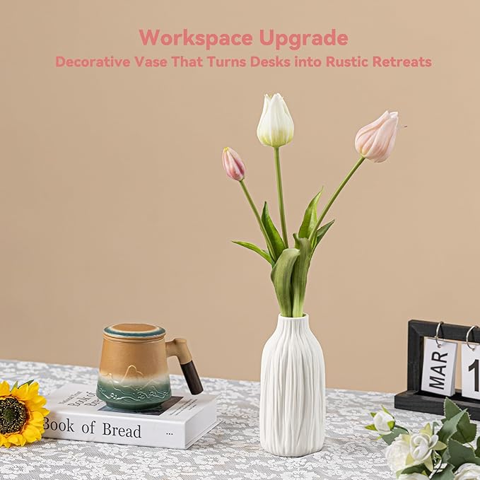 White Matte Ceramic Flower Vase - Woodgrain Sculptural with Vertical Texture, 7.2" Unique Vase for Pampas Grass/Centerpieces, Decorative Farmhouse Vase for Living Room/Office,Ideal Gift for Minimalist