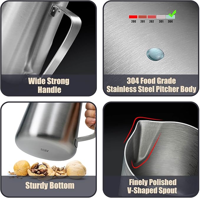 Stainless Steel Pitcher with Lid, 67 oz/2000 ml Large Metal Measuring Cup with Handle, Dual Scale Markings Graduated Beakers, Milk Frothing Jug for Espresso Machines, Latte Art, Iced Tea, Hot Water