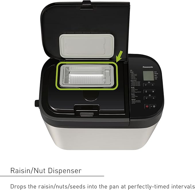 Panasonic Bread Machine, Automatic Bread Maker with 20 Presets and Advanced Temperature Sensor for Bread, Cake, and Pizza, Gluten Free Baking, Raisin Nut Dispenser - SD-R2550