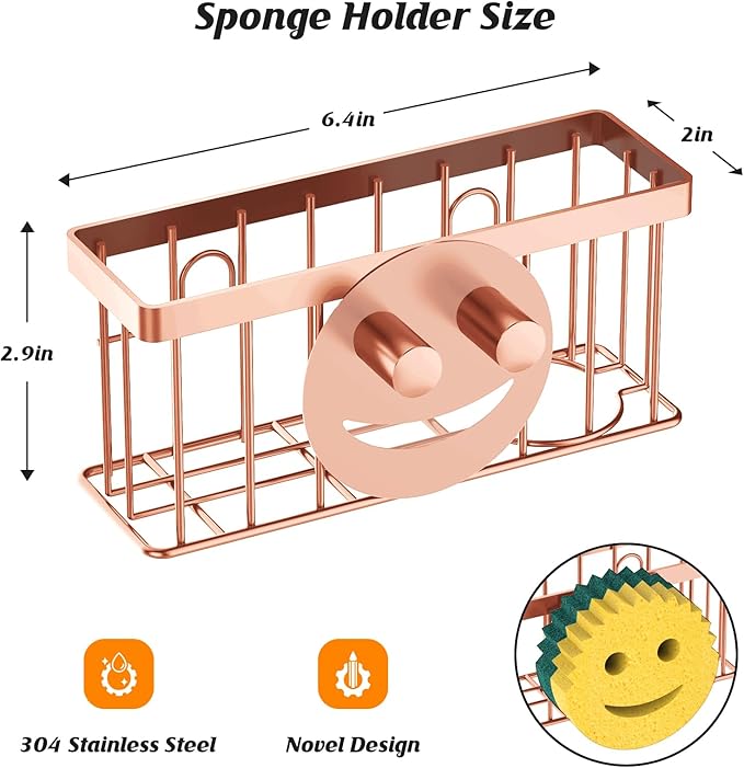 Sponge Holder Smiley Face, Caddy for Kitchen Sink,Sponge Holder with 2 PCS Suction Cups/1 PCS Adhesive Strips,Designed for Sponge,Soap,Dish Brush,Scrubber-Rose Gold