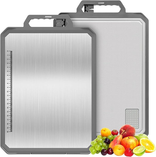 1PCS Stainless Steel Cutting Board, Double Sided Non Toxic Chopping Board for Kitchen, Food Grade, Easy to Clean, 17.2"*12" Large Size (1 side Stainless Steel Other side Wheat Straw PP)