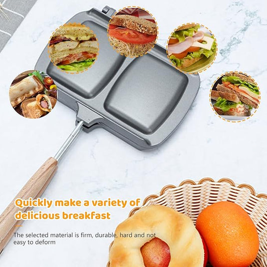 Double-Sided Nonstick Sandwich Maker, Flip Grill Pan for Breakfast, Pancakes, Omelets, Frittatas, Toast (Silver, 30.5*14.2*4.2cm)