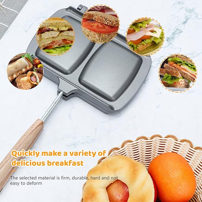 Qivine Hot Sandwich Maker, Pie Iron Double Sided Stove Top Sandwich Maker Non-Stick Cast Iron Sandwich Maker Panini Press Pan With Removable Handles For Breakfast Pancakes, Toast, Omelets (Type B)