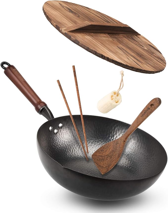 BIELMEIER Wok Pan 12.5", Woks and Stir Fry Pans with lid, Carbon Steel Wok with Cookware Accessories, Flat Bottom Suits for all Stoves