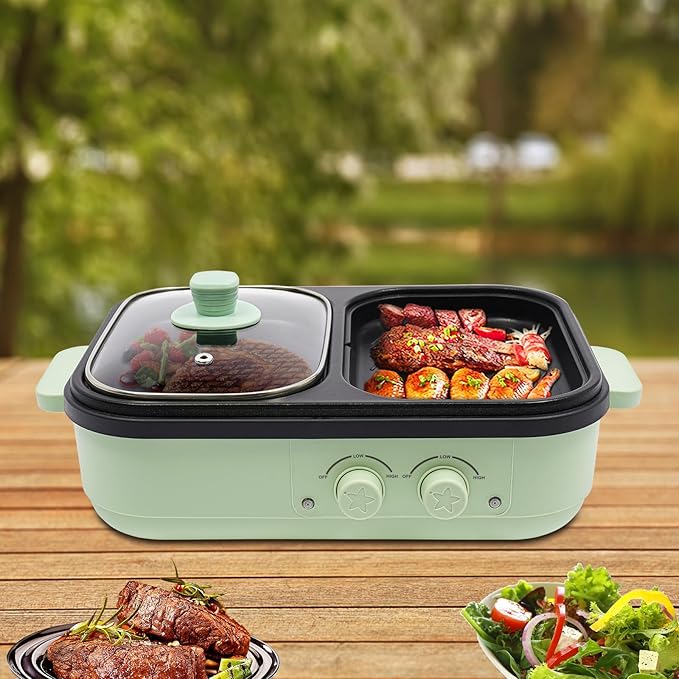 Electric Hot Pot with Grill, 2-in-1 Indoor Non-stick Shabu Shabu & Korean BBQ Cooker with Dual Temp Control & Overheating Protection, Portable for Noodles, Steaks for 1-3 People (Green)