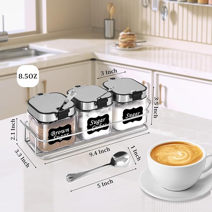 Aelga Glass Sugar Bowl with Lid and Spoon, 8.5 OZ Sugar Container Stainless Steels Flip Lid with holder, Salt Container for Kitchen, Coffer Bar Accessories, Countertop, 3 Pack