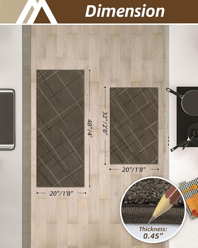 COSY HOMEER Kitchen Mats, 2 PCS Kitchen Rug Non Slip Washable, Absorbent Runner Rugs for Kitchen Floor, Polyester Kitchen Sink Rug 20"x32" + 20"x48"(Brown)