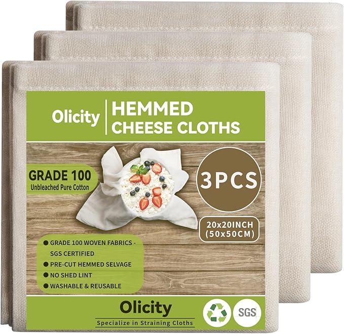 Olicity Cheese Cloths, 3PCS, Grade 100, 20x20Inch Hemmed Cheese Cloth Fabric Reusable Fine Mesh Cloth, 100% Cotton Unbleached Precut Muslin Cheesecloth for Straining, Cooking, Juice, Herbs