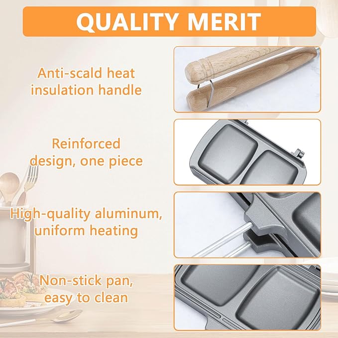 Qivine Breakfast Sandwich Maker, Double-Side Hot Dog Toaster, Nonstick Sandwich Baking Pan Hot Dog Bun Pan, Campfire Sandwich Maker With Removable Handle for Breakfast Pancakes, Toast, Omelets