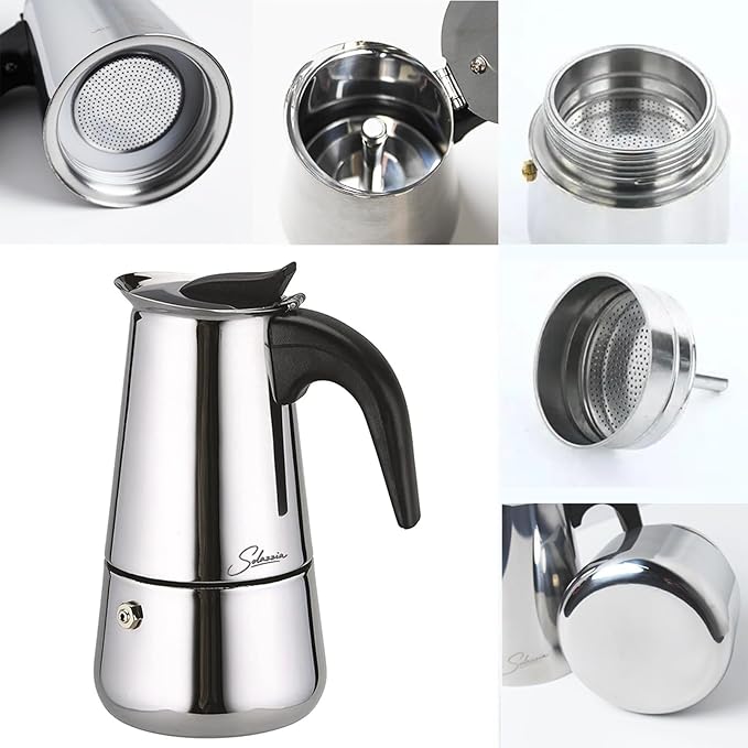 Solazzia Espresso Maker 4 Cup Moka Pot Stainless Steel Percolator coffee pot, Compatible with Gas, Electric, Ceramic, and Induction stovetops(6.6 fl oz/200 ml)