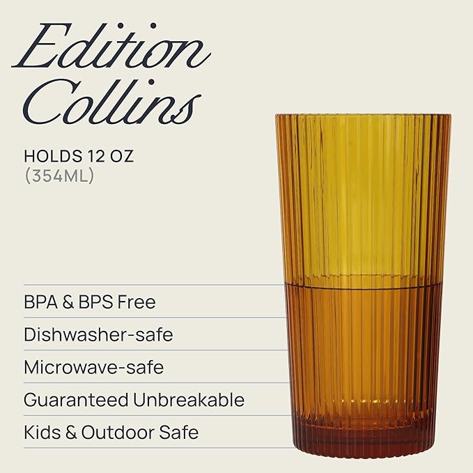 Drinique Unbreakable Edition Collins 12 oz Tritan Renew Plastic Collins Glass Amber 4-Pack