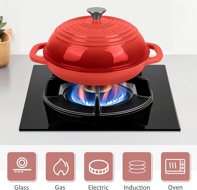 Fijxzct Premium Enameled Cast Iron Dutch Oven for Bread Baking | Non-Stick 5QT Oval Bread Oven with Lid | Perfect for Sourdough, Loaf, and Artisan Baking (Round Red, 5 QT)