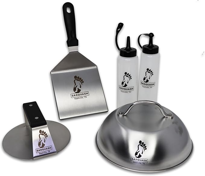 The Sasquash - 6" Heavy Duty Extra Wide Flat Handle Smashed Burger Press - Commercial Grade Welded Stainless Steel Burger Smasher (5pc Burger Master Kit)