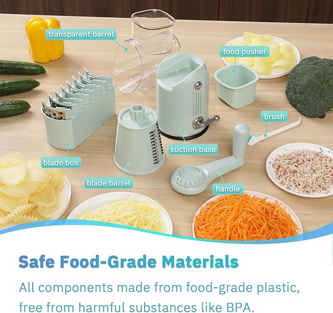 Manual Rotary Cheese Grater with Handle, 5 in 1 Replaceable Stainless Blades Cheese Shredder,Strong Suction Base Vegetable Slicer with Cleaning Brush & Bonus Storage Box for Blades (green)