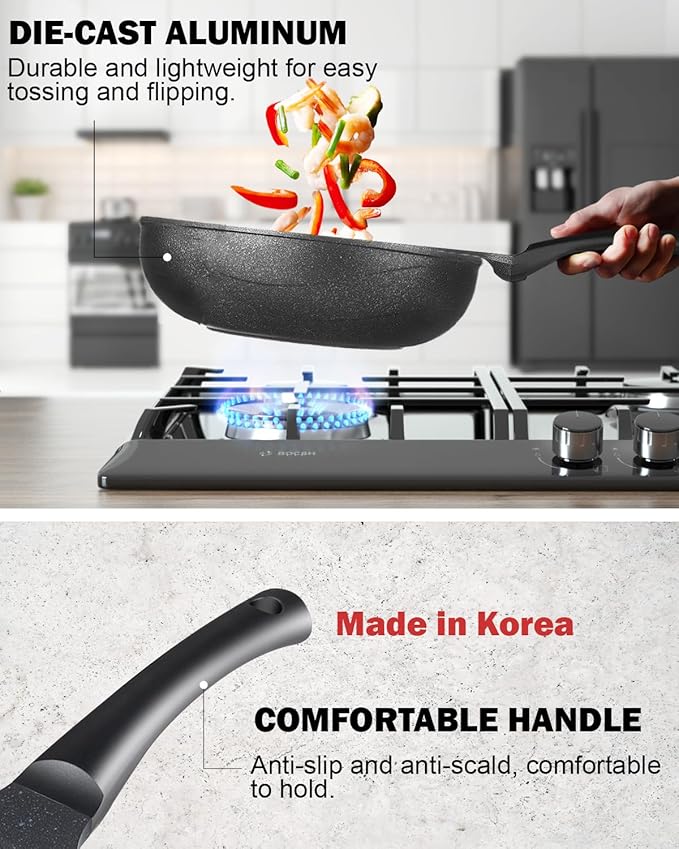 Cook N Home Marble Nonstick Cookware Saute Fry Pan, 8-inch + 9.5-inch, Black