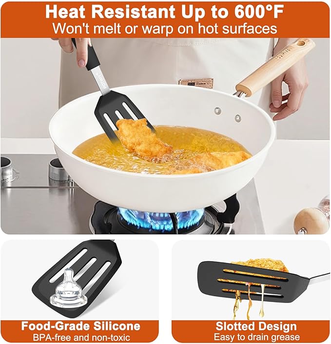 Silicone Spatula, 13 x 3.2 In, 600°F Heat Resistant Kitchen Spatula, BPA Free, Flexible Turner For Non Stick Frying Pan, Cooking, Flipping Egg and Pancake, Dishwasher Safe, Black
