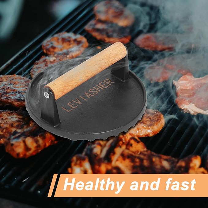 2.2lbs Heavy-Duty Griddle Press for Bacon Burger Steak Meat Paninis Burger Bacon Vegetables, Cast Iron BBQ Grill Press for Weber Blackstone Camp, Food Press for Cooking Round Wood Handle