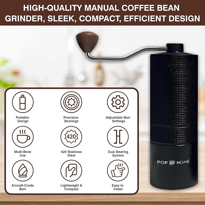 Pop and Party Manual Coffee Grinder - Stainless Steel Conical Burr Hand Mill for Espresso & French Press - Adjustable & Portable