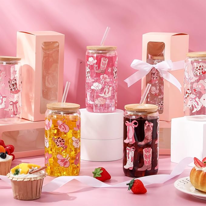 6 Pcs Coquette Bow Aesthetic Cup with Gift Box 16 oz Cowgirl Pink Bow Glass Cup with Lid and Straw Iced Coffee Tumbler Cowgirl Gifts Drinking Jar for Women Friend Sister Girlfriend