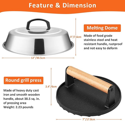 Leonyo Melting Dome & Cast Iron Grill Press, 12" Basting Cover with Round Bacon Press, Burger Smasher for Griddle, Food Steamer Lid Smash Burger Kit for Flat Top Grill Cooking Cheese, Meat