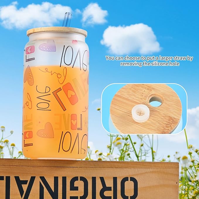 Sublimation Glass Blanks with Bamboo Lid, 16OZ Frosted Sublimation Beer Cups with Glass Straws Gift Box for Christmas, Mason Jar Cups Mug Travel Tumbler for Juice, Iced Coffee, Drinks(8 PACK)
