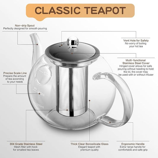 Glass Teapot, Zpose 40oz/1200ml Tea Pot with Removable Stainless Steel Infuser, Clear Glass Tea Kettle with Scale Line, Stovetop Safe Teapot for Blooming Tea & Loose Leaf Tea, Gift Box for Tea Maker