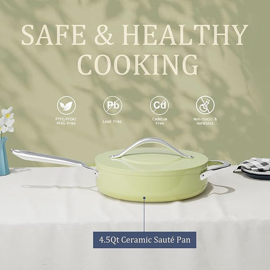 CookinCraze Nonstick Ceramic Sauté Pan with Lid (4.5 qt, 11") Deep Frying Pan for All Cooktops Non Toxic Skillet PTFE/PFAS Free, Dishwasher & Oven Safe up to 500°F w/Stay-Cool Handle, Olive Green