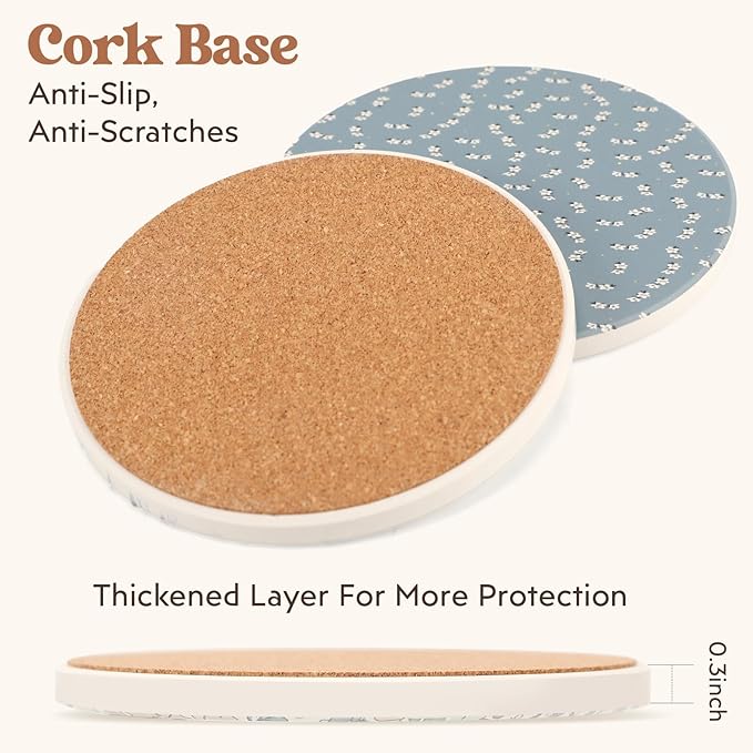 Coasters for Drinks Set of 6 with Holder, Absorbent Ceramic Stone, Spring Floral Coffee Table Décor, Decorative Cup Coasters for Kitchen, Living Room, Farmhouse & Garden, Tea Table Accessories