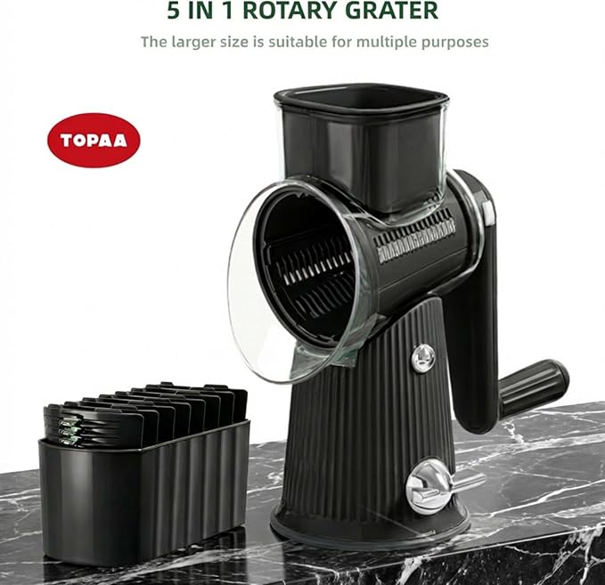 Rotary Cheese Grater with Handle - Vegetable Shredder with 5 Blades & Strong Suction Base, Round Slicer & Food Chopper for Kitchen (Black)