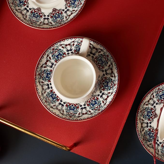 KARACA Nakkas Turkish Coffee Cup Set of 6, (12 Piece) White Cups with Saucers - 3.3 fl oz Small Porcelain Espresso Set - Ideal for Serving Greek, Arabic Coffee