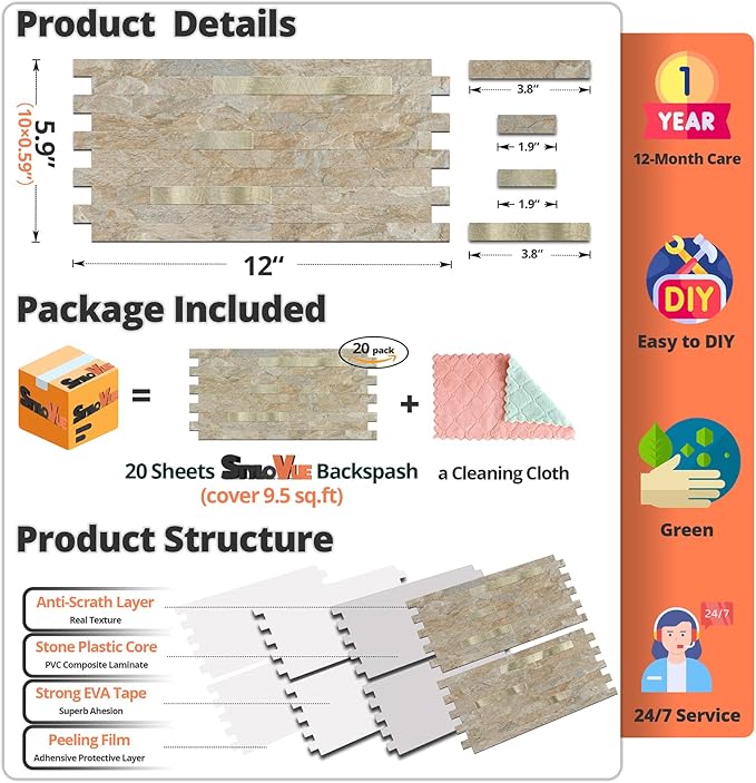 20 Sheets Peel and Stick Backsplash for Kitchen, Sandstone with Metal Gold Look Stick on Tile Upgrade Your Kitchen Backsplash, RV, Fireplace