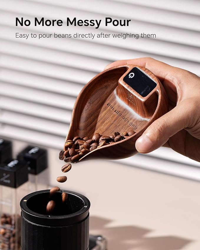 MUVNA Digital Dosing Cup with LED Display - Mini Rechargeable Wood Coffee Bean Scale Cup and Spray Bottle Kit, Kitchen Weighing Accessory for Espresso, Tea, Coffee Lover Gifts, Walnut