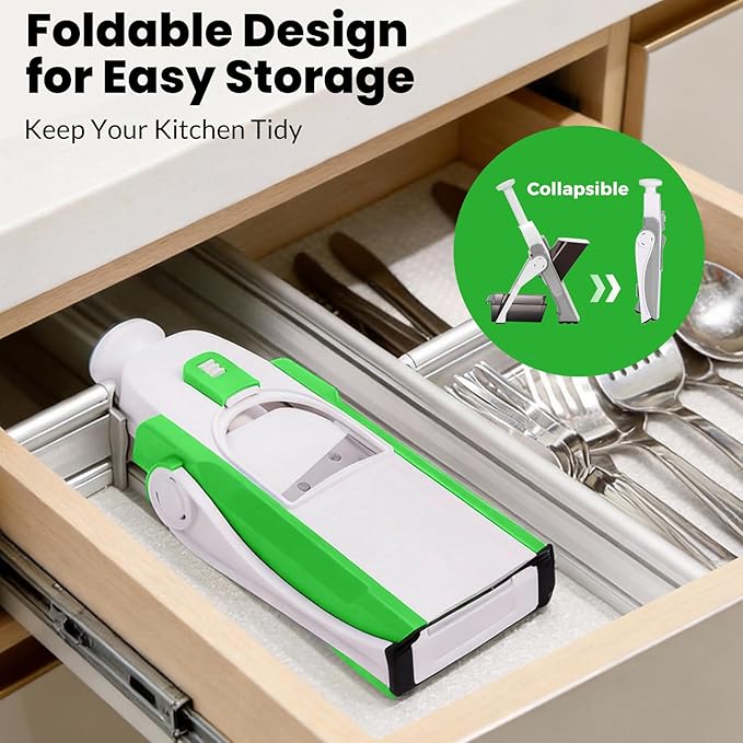 Safe Mandoline Slicer for Kitchen, Multi Vegetable Slicer & Chopper with 4 Modes & 8 Thickness Adjuster, Mandolin Slicer with Cleaning Brush for Potato, Onion (Forest Green)