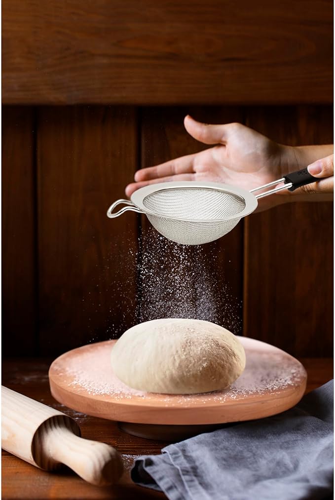 HIC Kitchen Fine Mesh Strainer With Support Handle, Stainless Steel And Silicone Handle, 5-Inch, For Sifting Baking Ingredients, Straining, And Draining Soups And Sauces