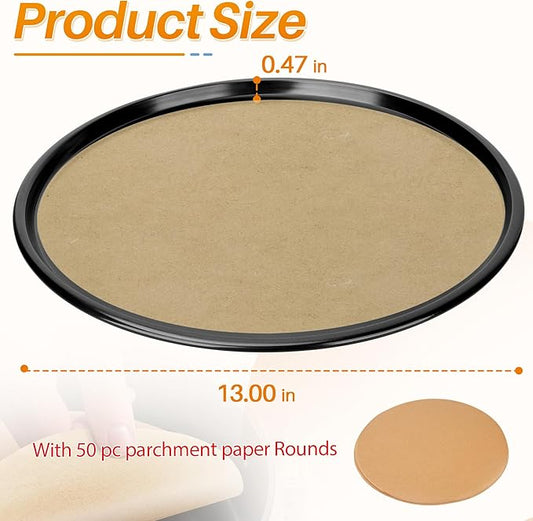 GYPNS 13 Inch Nonstick Pizza Pan Fit for Breville Smart Oven BOV800XL, BOV845BSS Countertop Oven Accessories Round Pizza Tray Replacement, with 50 Pcs Parchment Paper Sheets（Heavy Carbon Steel）