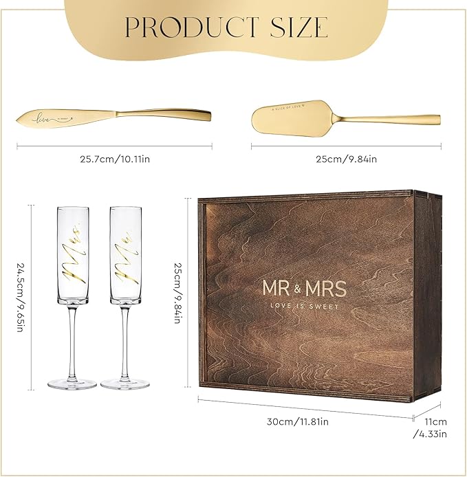 AW BRIDAL Engagement Bridal Shower Wedding Gifts for Couple Newlyweds, Anniversary Mr Mrs Champagne Flutes Toasting Glasses Set of 2, Wedding Gold Cake Cutting Set with Wooden Box for Bride Groom