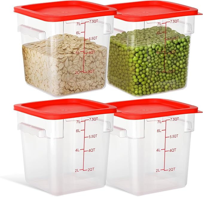 STEELUS 4 Pack Food Storage Containers, 8 Quart with Lids, Square Commercial Containers with Scale, Clear NSF Food Organizing, Polycarbonate