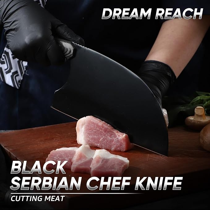 Dream Reach Serbian Chef Knife - Full Tang Butcher Cleaver for Meat Vegetables, Hand Forged Black Chopping Knife for Kitchen Birthday Mother Father Gift Idea