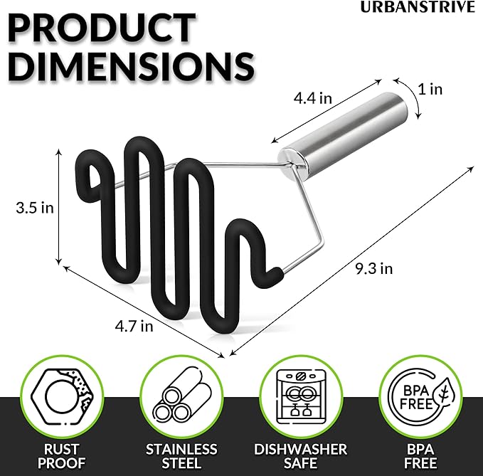 Urbanstrive Non-Scratch Silicone Potato Masher Kitchen Tool, Potatoes Masher Potato Masher Stainless Steel Wrapped In Premium Silicone, Potato Smasher (Black)
