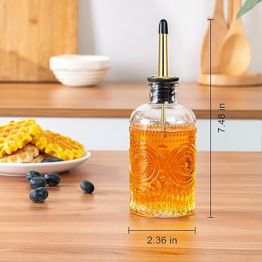 Glass Coffee Syrup Dispenser 7oz, with a Metal Mouthpiece Syrup Dispenser,Syrup Bottles for Maple Syrup, Oil, Coffee Bar Accessories,Vinegar, and Honey.