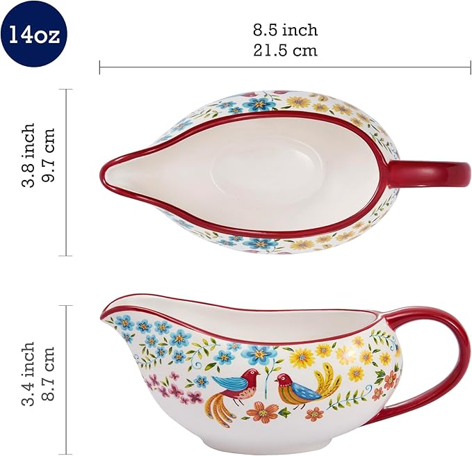 Bico Red Spring Bird 14oz Gravy Boat with Large Handle, Ceramic Sauce Boat for Creamer, Salad Dressings, Broth, Black Pepper Sauce