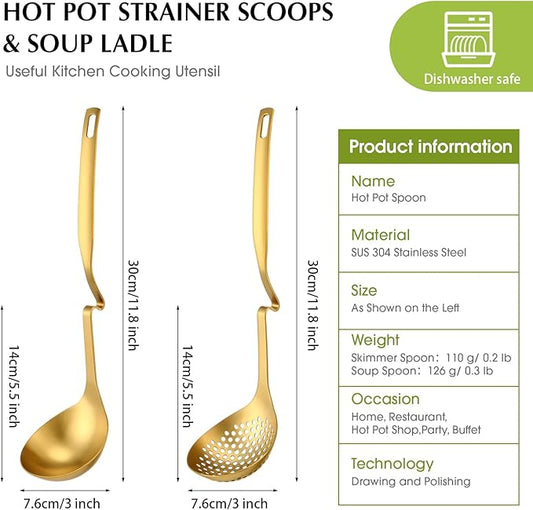 Patelai Hot Pot Slotted Ladle Set Stainless Steel Soup Ladle Strainer Scoops Cooking Skimmer Cookware Utensil for Hotpot Scooping Sauce Serving, 12 Inch(2 Pcs,Gold)