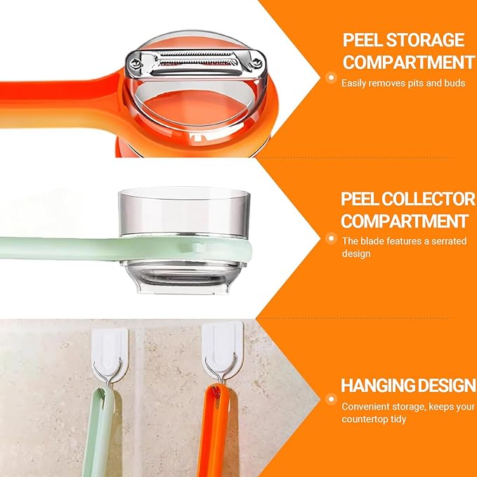 2Pcs New Kitchen Special Fruit Peeler with Box Storage, 2026 Upgraded Double-Sided Stainless Steel Blade, Peeler With Container, Vegetable Peelers for Kitchen Fruit Peeling Supplies (Green&Orange)