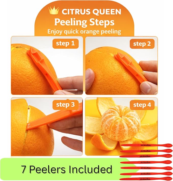 Orange Peeler Tool Set - 7 Pack Citrus Peeler for Easy Fruit Peeling, Dual-End Kitchen Gadgets for Oranges Lemons Limes, Bright Orange Color