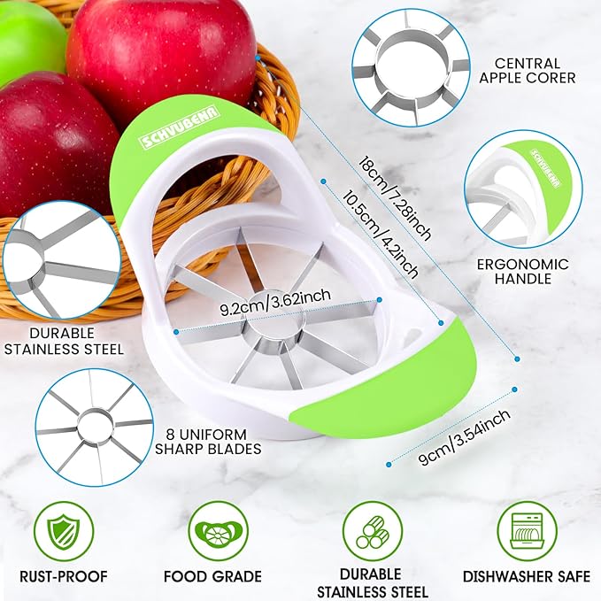 SCHVUBENR 3.5 Inch Apple Slicer - Professional Apple Cutter - Stainless Steel Apple Corer - Super Sharp Apple Slicer and Corer - Apple Tool with 8 Sharp Blades(Green)