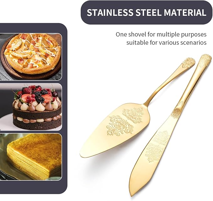 tiokin Cake Cutting Set for Wedding, Elegant Cake Knife and Server Set with Thickened Stainless Steel Rounded Edges, Cake Cutter Pie Spatula for Birthday Anniversary Christmas 2 Pcs Gold