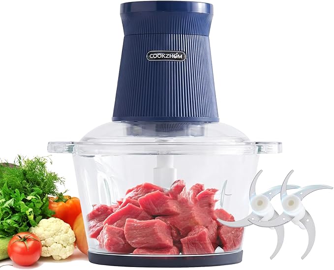 COOKZHOM 500W Food Processor, Blue Meat Grinder with Glass Bowl 8 Cup, Electric Food Chopper with 2 Sharp Blade Sets for Meat, Fruits, Vegetables, Baby Food, Nuts, 2 Speed
