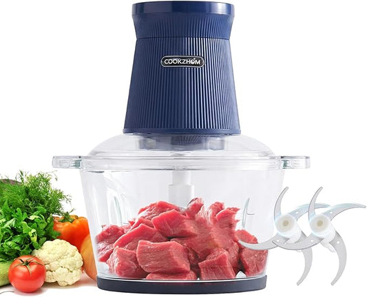 COOKZHOM 500W Food Processor, Blue Meat Grinder with Glass Bowl 8 Cup, Electric Food Chopper with 2 Sharp Blade Sets for Meat, Fruits, Vegetables, Baby Food, Nuts, 2 Speed