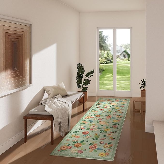 Washable Kitchen Rugs Non Slip: 2'x6' Hallway Runner Rug Stain Resistant Low Pile Floral Floor Rug with Rubber Backing Non Shedding Soft Carpet Runners for Indoor Entryway Bedside Bedroom Farmhouse