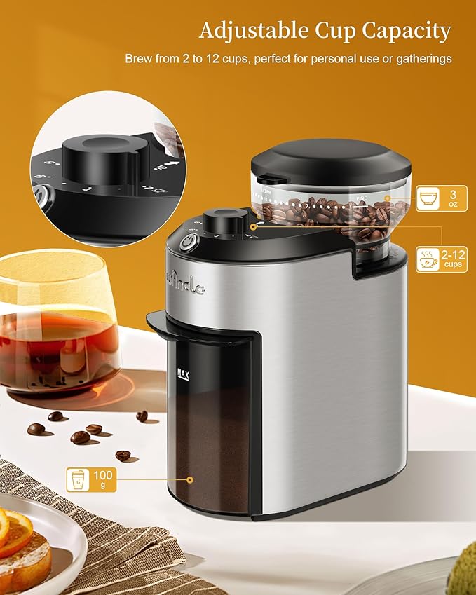 Wancle Burr Coffee Grinder Electric with 28 Grind Settings, 2-12 Cup Capacity Coffee Bean Grinder for Espresso, Drip & French Press, Stainless Steel Coffee Grinders with Chamber Cleaning Brush